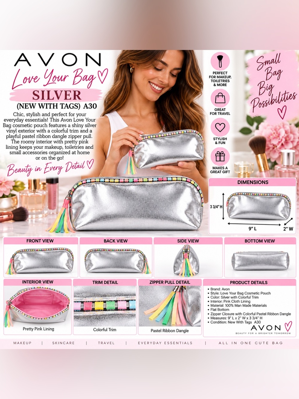 AVON LOVE YOUR COSMETIC BAG - SILVER (NEW WITH TAGS) A30